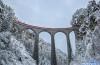 瑞士列车雪中驶过百年大桥 美如童话仙境